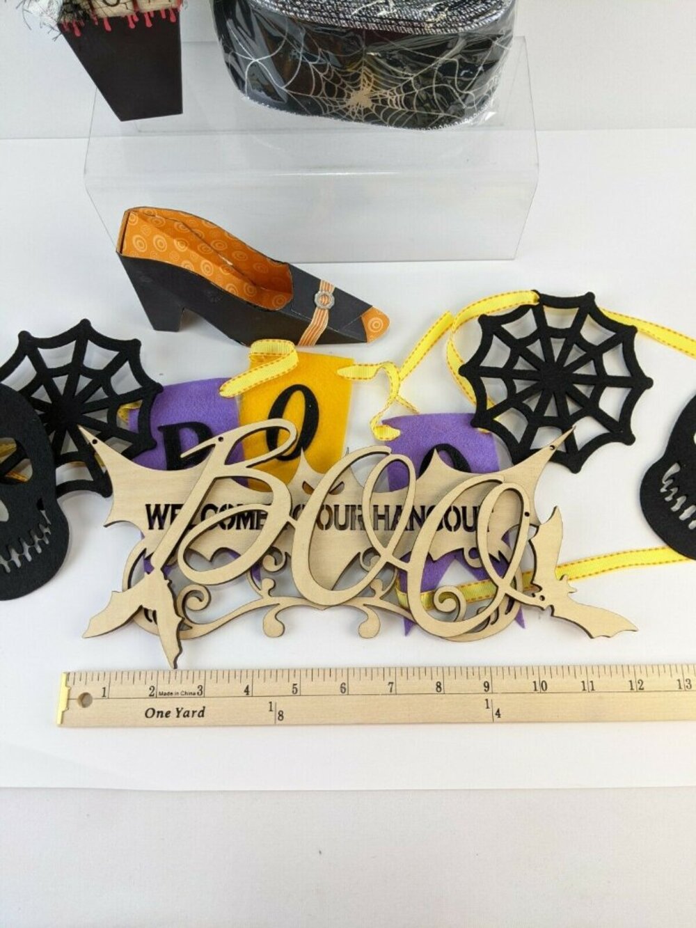 Halloween Wreath Ribbon 2.5x10 w/ 2 wood decor 2 cardboard decor Boo Banner New - Picture 7 of 10